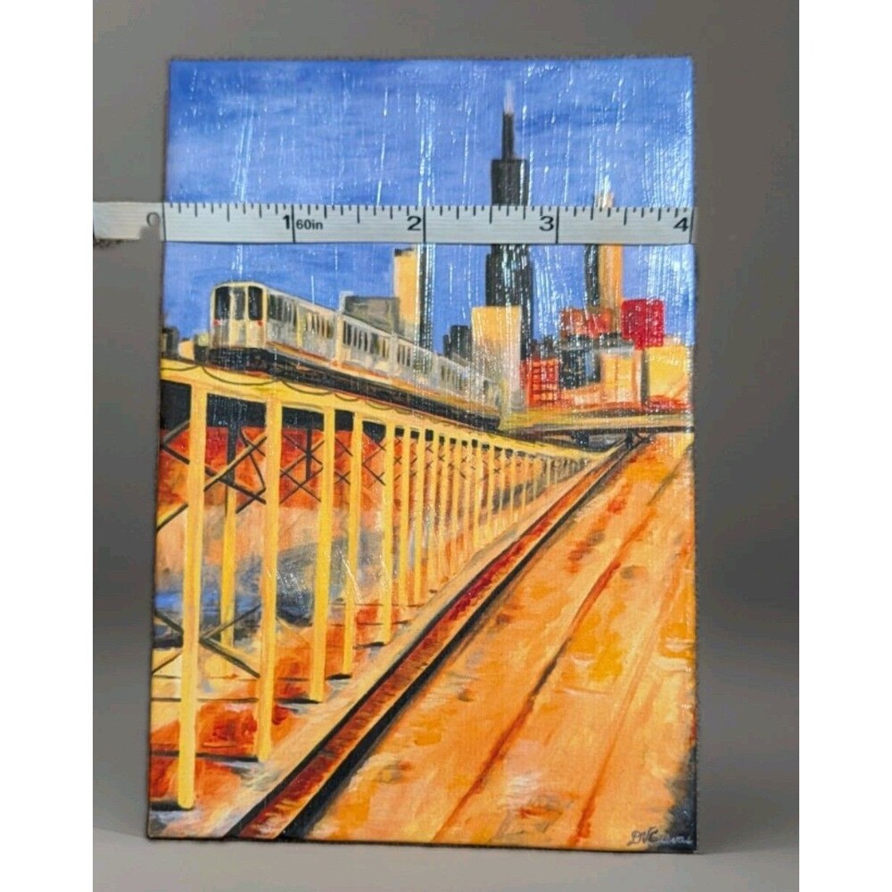 Mini Chicago CTA L Train Skyline Acrylic Painting 4"x6" Willis Tower Art - Picture 5 of 6